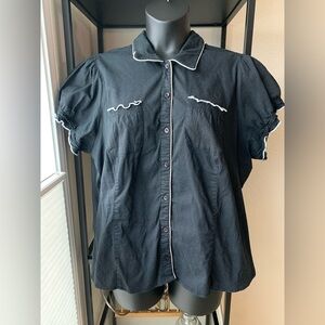 Eyeshadow Navy Blue and White Polka Dot Print Button-Down Short Sleeve Shirt Top